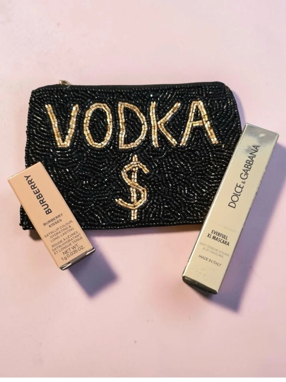 Luxury $100+ 3 Pc Beauty & Accessory Bundle: Burberry, D&G, Vodka $ Beaded Pouch